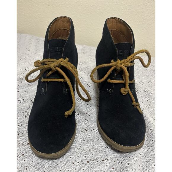 Sperry Stella Prow Black Suede Ankle Bootie, Women 8 M, Wedge Heel Leather - Picture 2 of 8